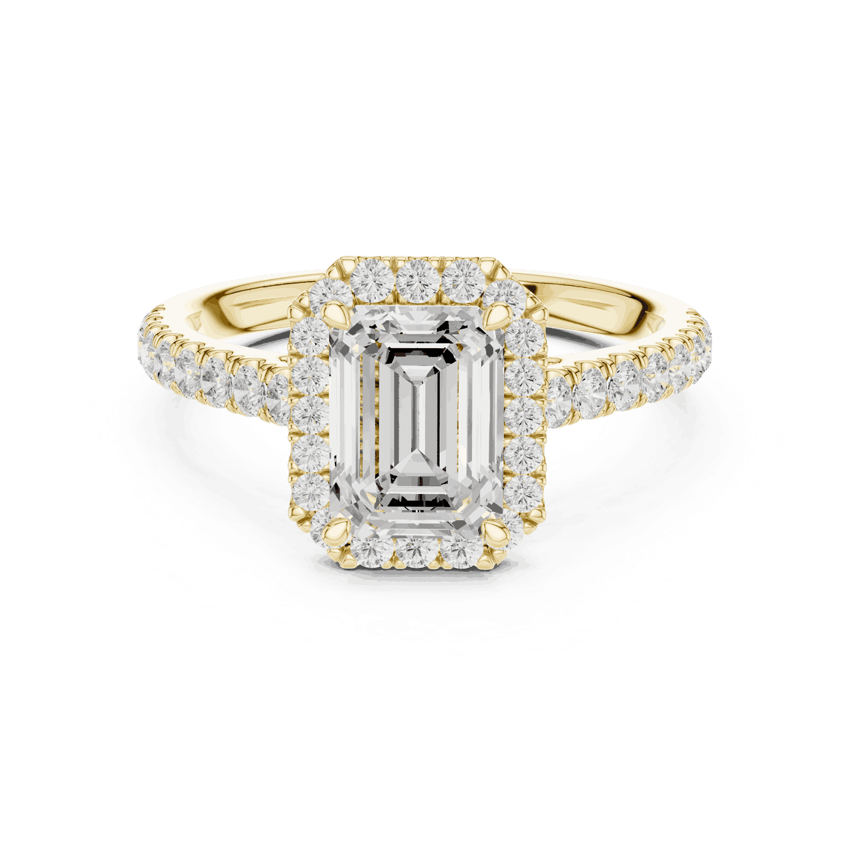 Three-Quarter View: Emerald Cut Diamond Halo Engagement Ring with Pavé Band in 18K White Gold – Lab Grown – Driona Jewels