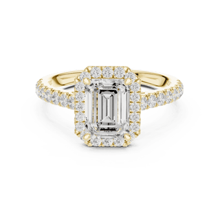 Three-Quarter View: Emerald Cut Diamond Halo Engagement Ring with Pavé Band in 18K White Gold – Lab Grown – Driona Jewels