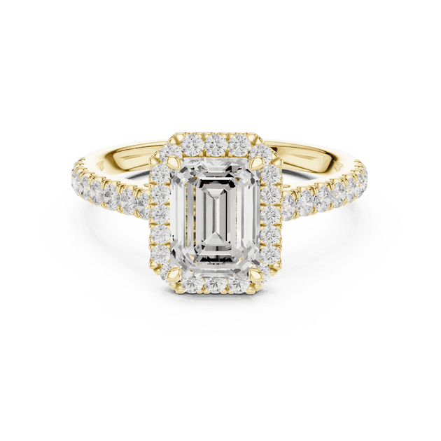Three-Quarter View: Emerald Cut Diamond Halo Engagement Ring with Pavé Band in 18K White Gold – Lab Grown – Driona Jewels