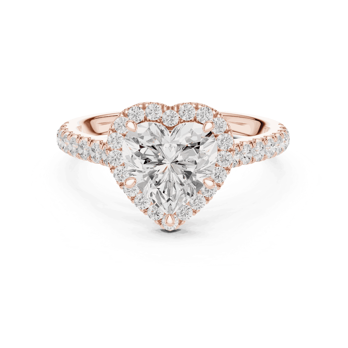 Front View: Heart Diamond Halo Engagement Ring with Pavé Band in 18K Rose Gold – Lab Grown – Driona Jewels