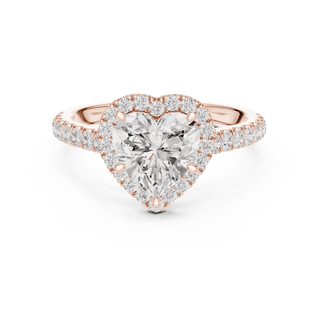 Front View: Heart Diamond Halo Engagement Ring with Pavé Band in 18K Rose Gold – Lab Grown – Driona Jewels