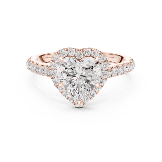 Front View: Heart Diamond Halo Engagement Ring with Pavé Band in 18K Rose Gold – Lab Grown – Driona Jewels