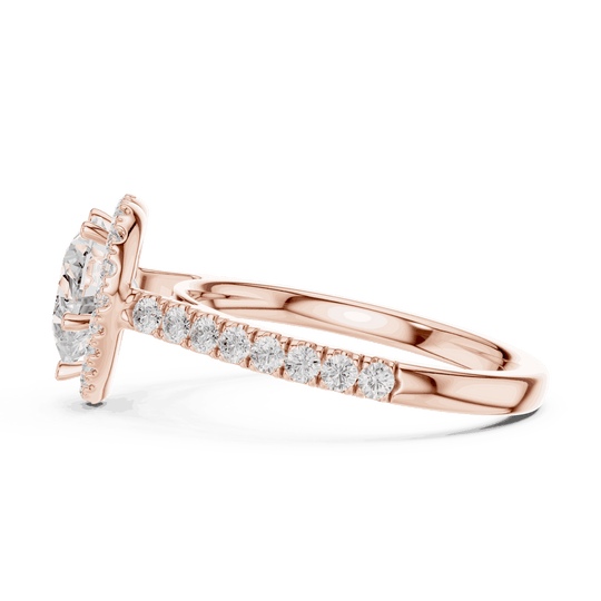 Side Profile: Heart Diamond Halo Engagement Ring with Pavé Band in 18K Rose Gold – Lab Grown – Driona Jewels