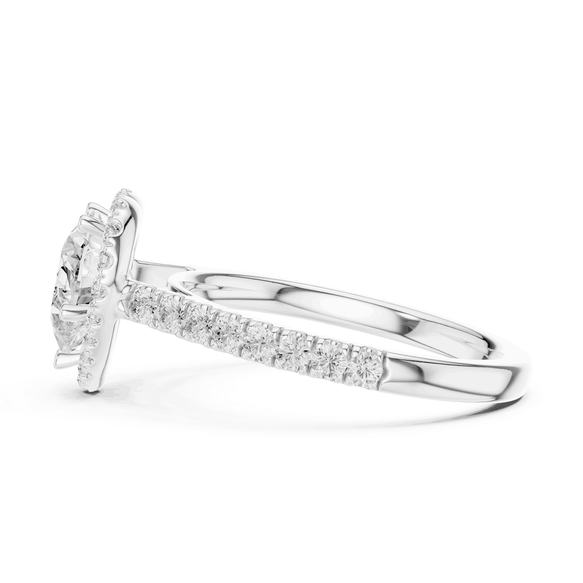 Three-Quarter View: Heart Diamond Halo Engagement Ring with Pavé Band in 18K Rose Gold – Lab Grown – Driona Jewels