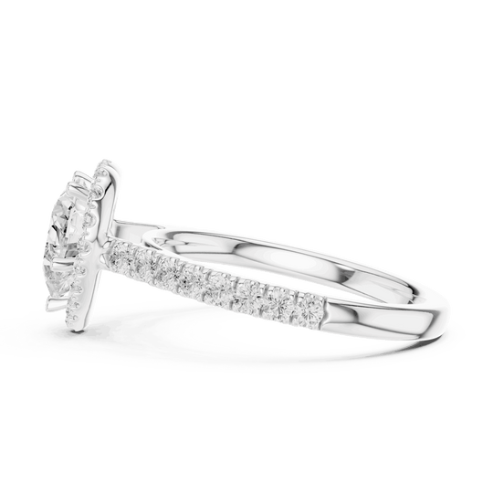 Three-Quarter View: Heart Diamond Halo Engagement Ring with Pavé Band in 18K Rose Gold – Lab Grown – Driona Jewels