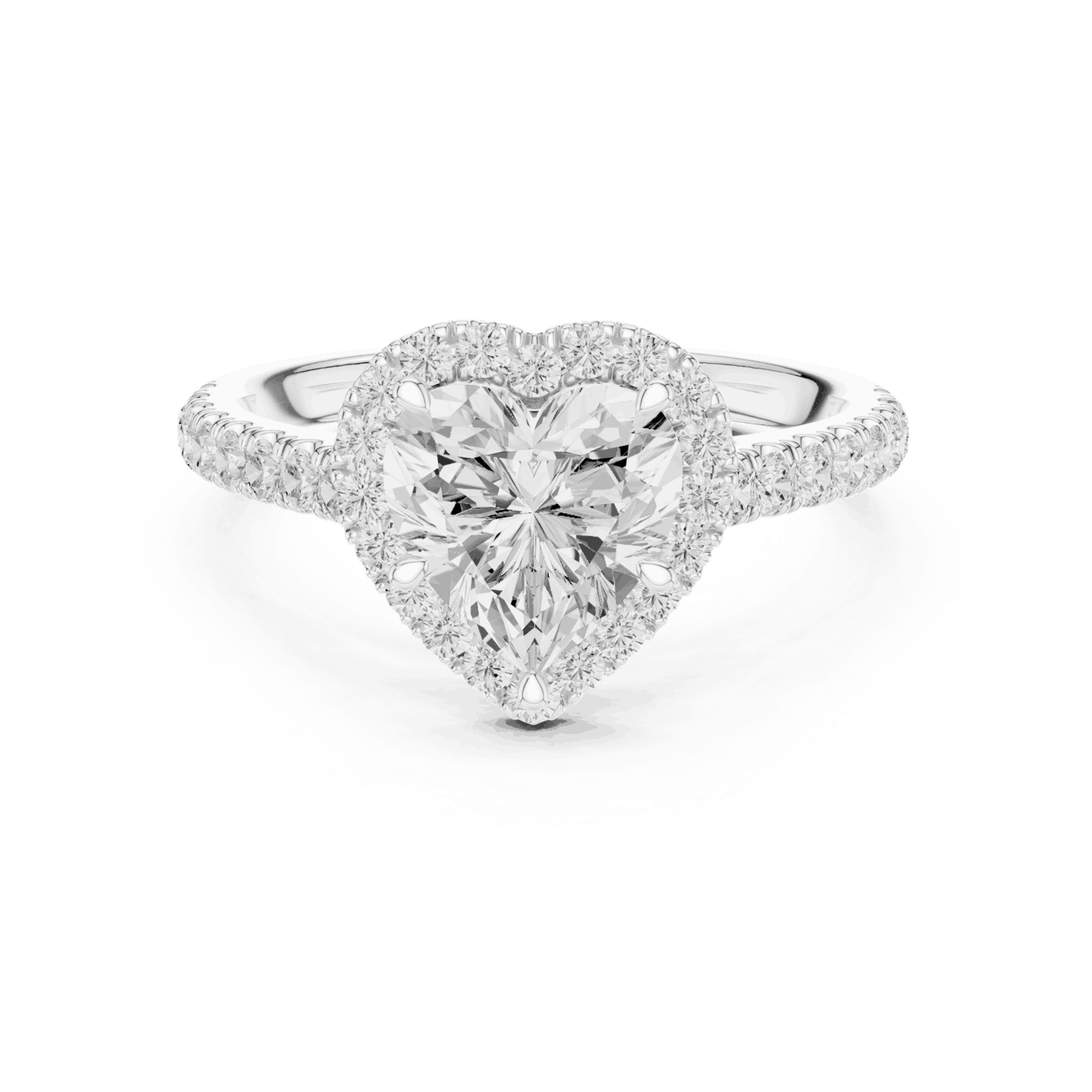 Front View: Heart Diamond Halo Engagement Ring with Pavé Band in 18K White Gold – Lab Grown – Driona Jewels