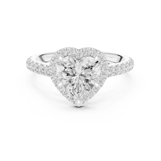 Front View: Heart Diamond Halo Engagement Ring with Pavé Band in 18K White Gold – Lab Grown – Driona Jewels