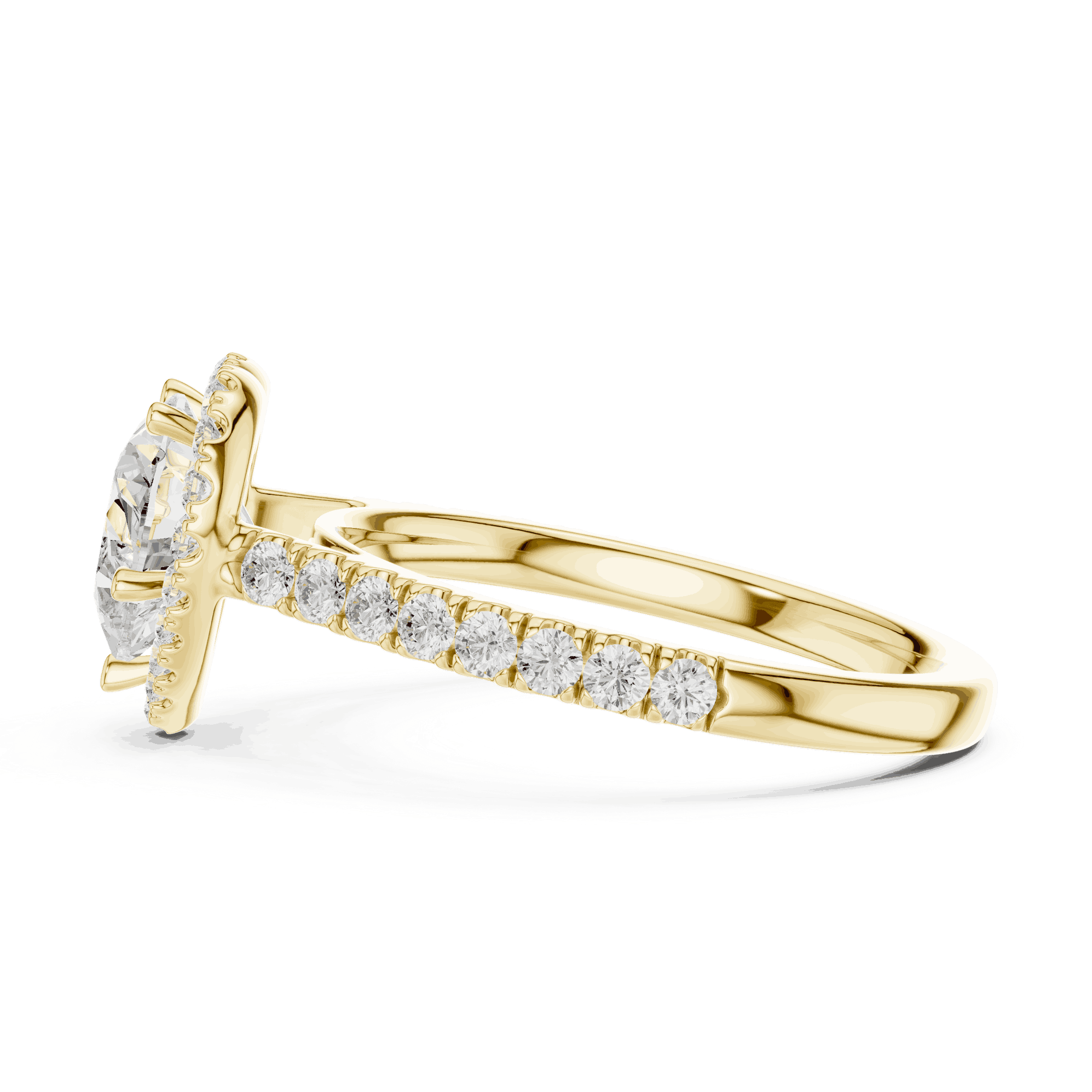 Side Profile: Heart Diamond Halo Engagement Ring with Pavé Band in 18K White Gold – Lab Grown – Driona Jewels