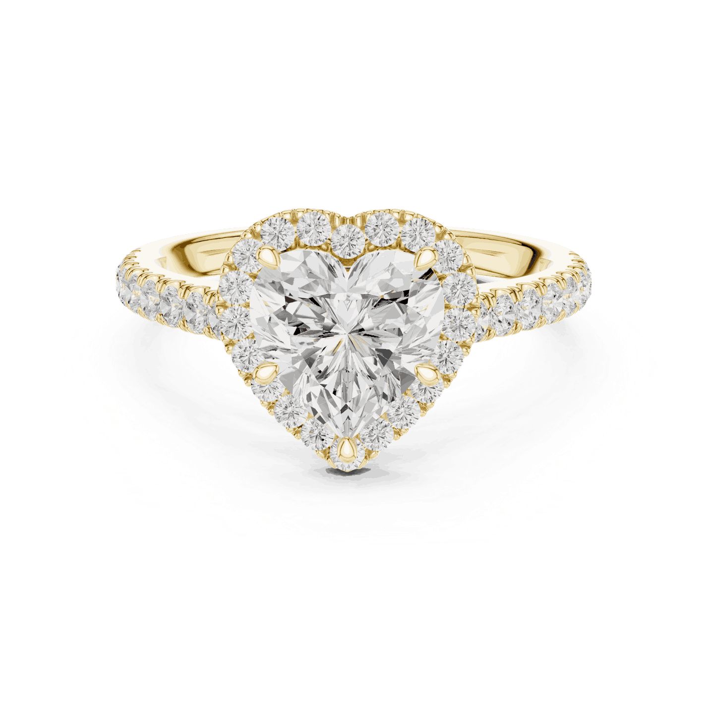 Three-Quarter View: Heart Diamond Halo Engagement Ring with Pavé Band in 18K White Gold – Lab Grown – Driona Jewels