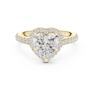 Three-Quarter View: Heart Diamond Halo Engagement Ring with Pavé Band in 18K White Gold – Lab Grown – Driona Jewels