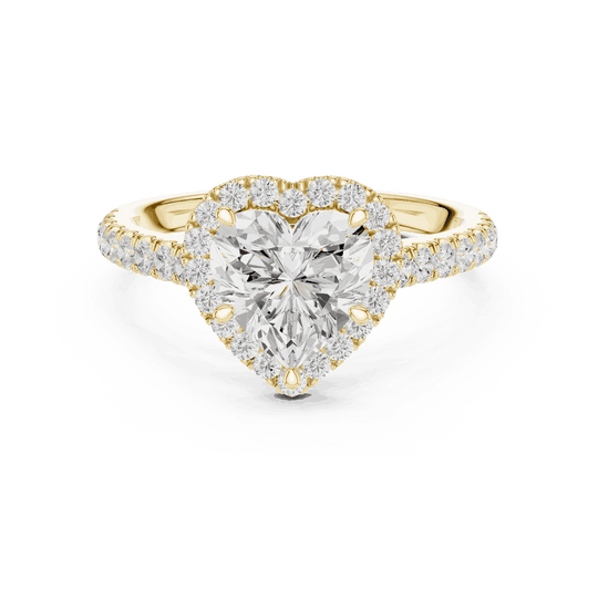 Three-Quarter View: Heart Diamond Halo Engagement Ring with Pavé Band in 18K White Gold – Lab Grown – Driona Jewels