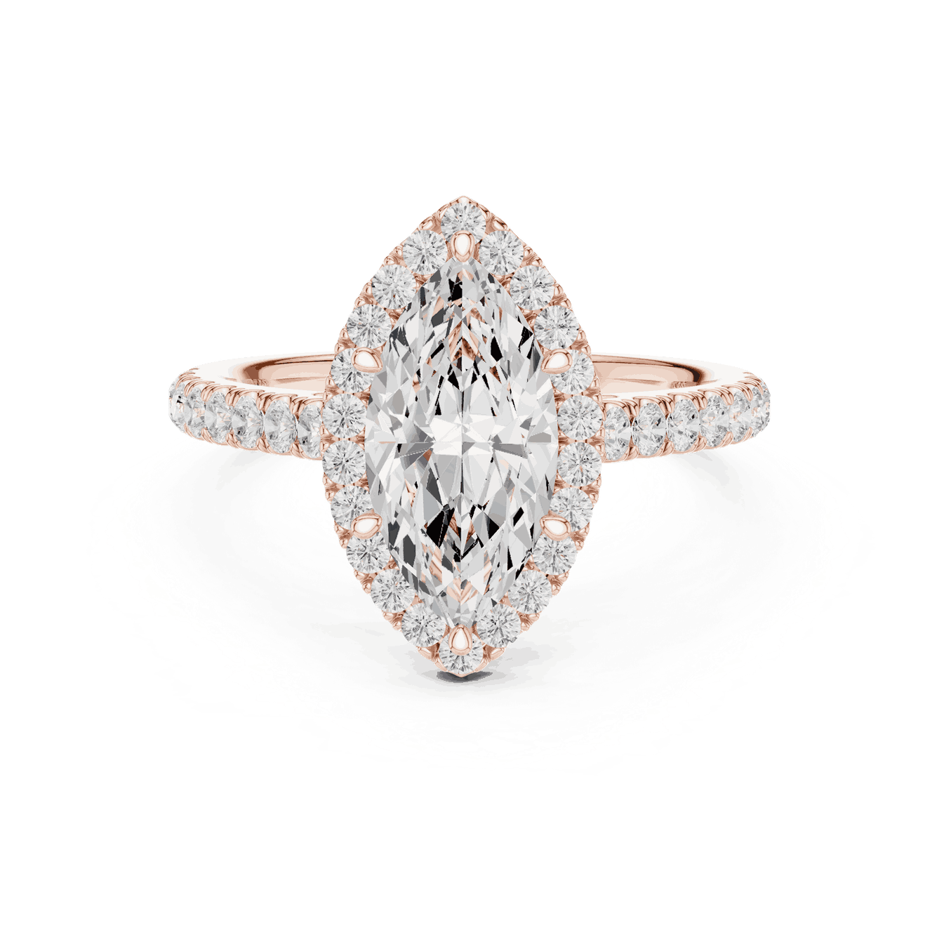 Front View: Marquise Diamond Halo Engagement Ring with Pavé Band in 18K Rose Gold – Lab Grown – Driona Jewels