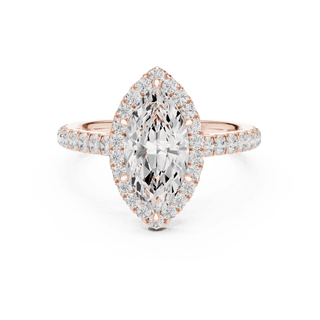 Front View: Marquise Diamond Halo Engagement Ring with Pavé Band in 18K Rose Gold – Lab Grown – Driona Jewels