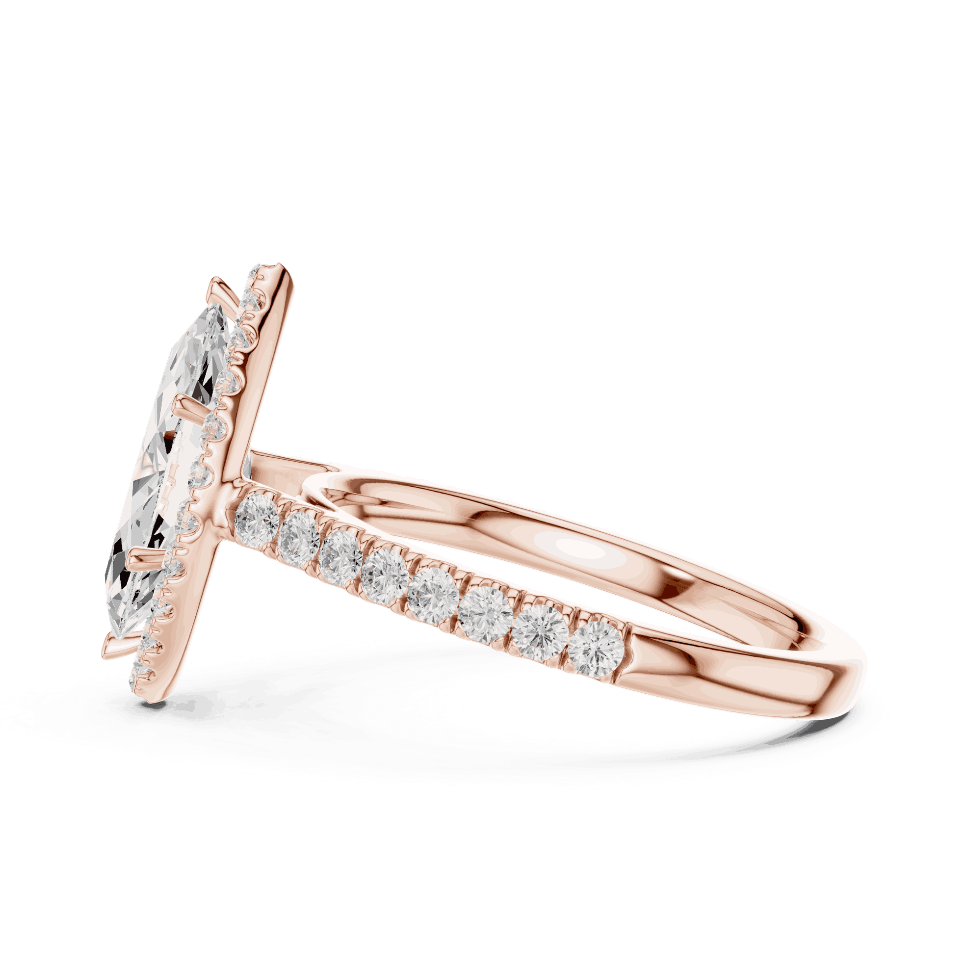Side Profile: Marquise Diamond Halo Engagement Ring with Pavé Band in 18K Rose Gold – Lab Grown – Driona Jewels