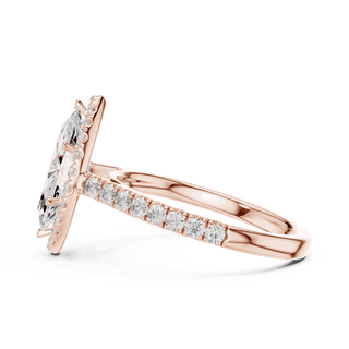 Side Profile: Marquise Diamond Halo Engagement Ring with Pavé Band in 18K Rose Gold – Lab Grown – Driona Jewels