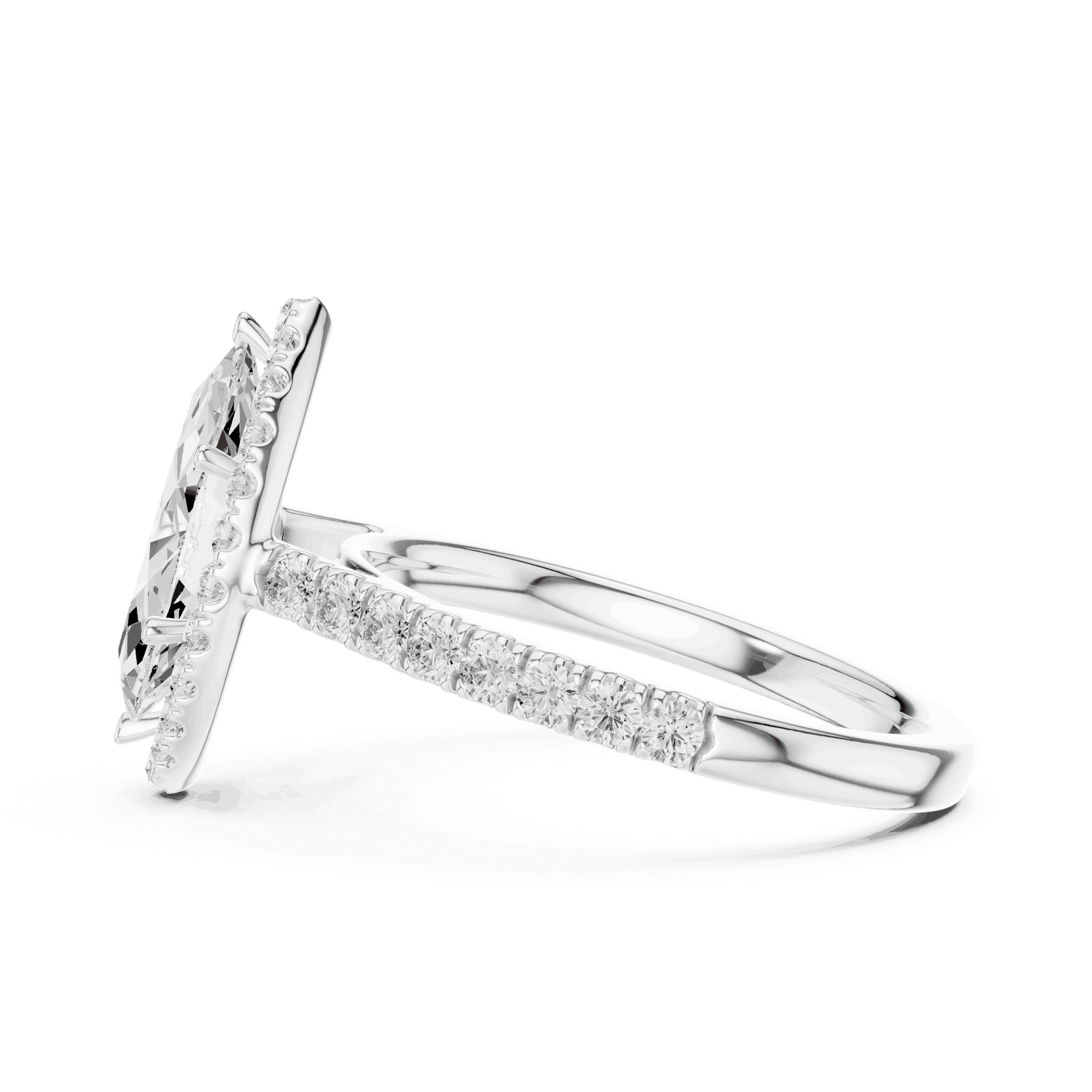 Three-Quarter View: Marquise Diamond Halo Engagement Ring with Pavé Band in 18K Rose Gold – Lab Grown – Driona Jewels