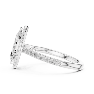 Three-Quarter View: Marquise Diamond Halo Engagement Ring with Pavé Band in 18K Rose Gold – Lab Grown – Driona Jewels