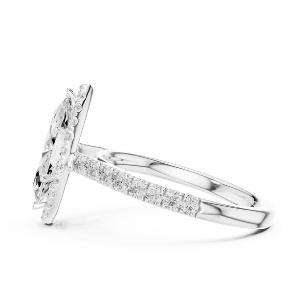 Three-Quarter View: Marquise Diamond Halo Engagement Ring with Pavé Band in 18K Rose Gold – Lab Grown – Driona Jewels