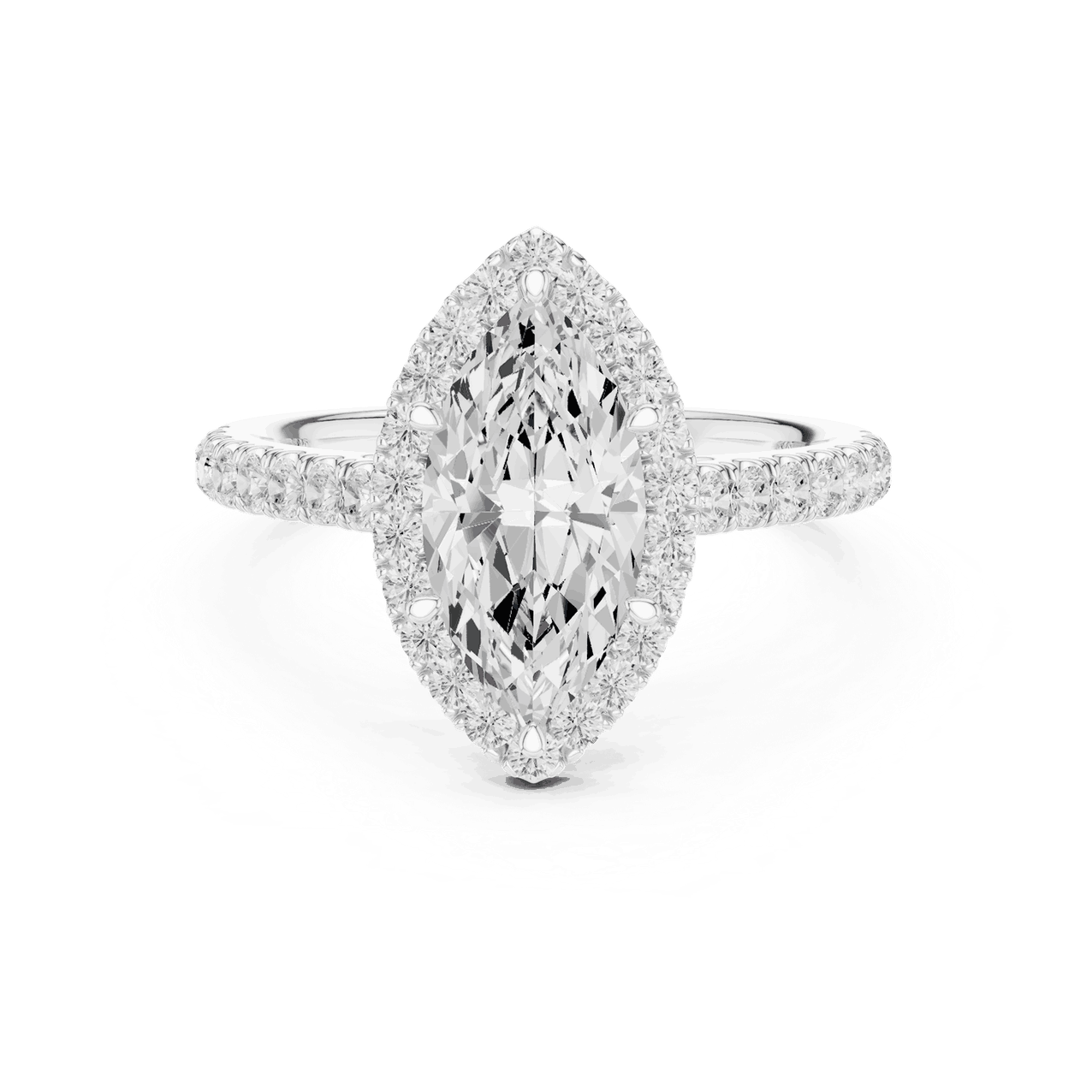 Front View: Marquise Diamond Halo Engagement Ring with Pavé Band in 18K White Gold – Lab Grown – Driona Jewels