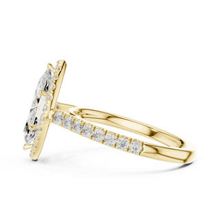 Side Profile: Marquise Diamond Halo Engagement Ring with Pavé Band in 18K White Gold – Lab Grown – Driona Jewels