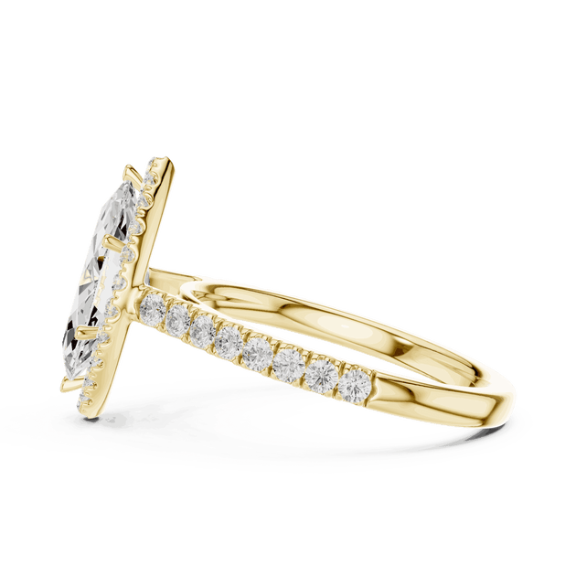 Side Profile: Marquise Diamond Halo Engagement Ring with Pavé Band in 18K White Gold – Lab Grown – Driona Jewels