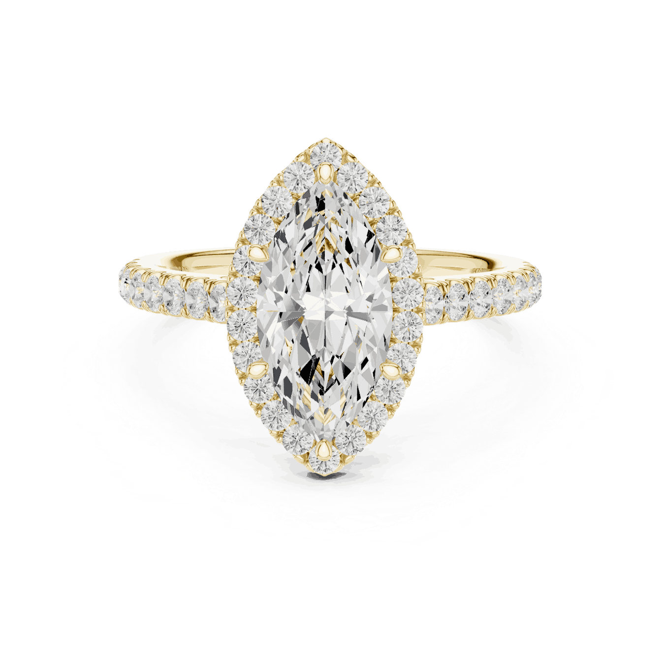 Three-Quarter View: Marquise Diamond Halo Engagement Ring with Pavé Band in 18K White Gold – Lab Grown – Driona Jewels