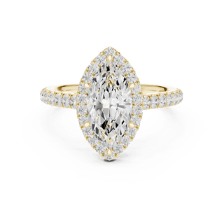 Three-Quarter View: Marquise Diamond Halo Engagement Ring with Pavé Band in 18K White Gold – Lab Grown – Driona Jewels
