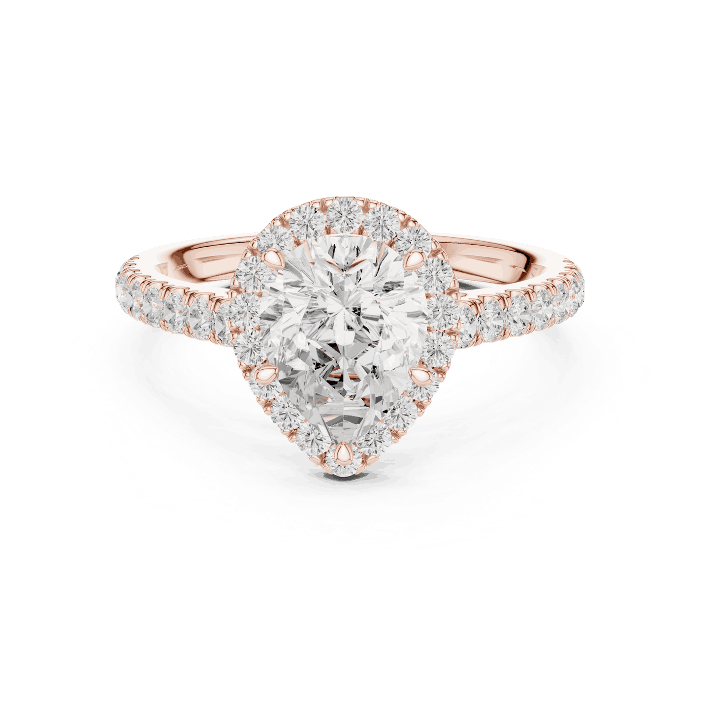 Front View: Pear Diamond Halo Engagement Ring with Pavé Band in 18K Rose Gold – Lab Grown – Driona Jewels