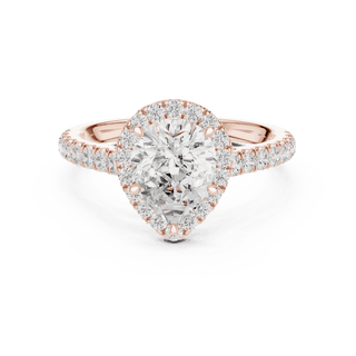 Front View: Pear Diamond Halo Engagement Ring with Pavé Band in 18K Rose Gold – Lab Grown – Driona Jewels