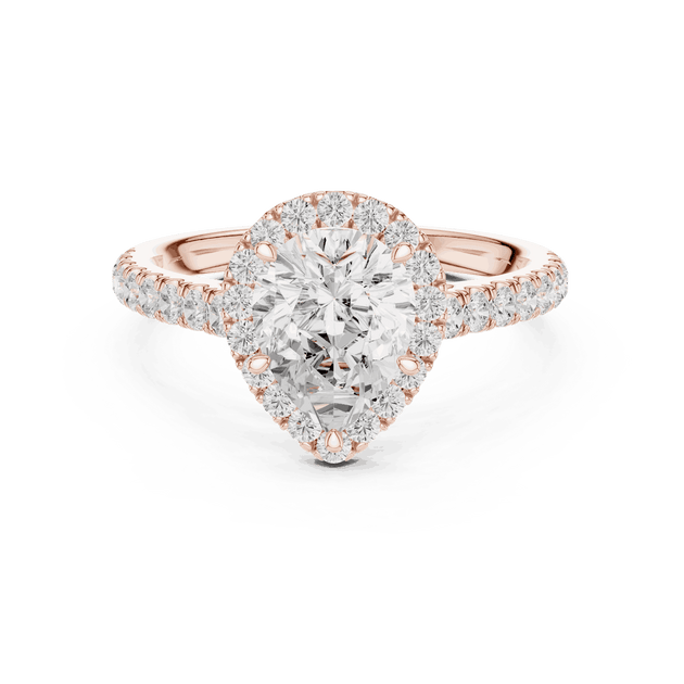 Front View: Pear Diamond Halo Engagement Ring with Pavé Band in 18K Rose Gold – Lab Grown – Driona Jewels