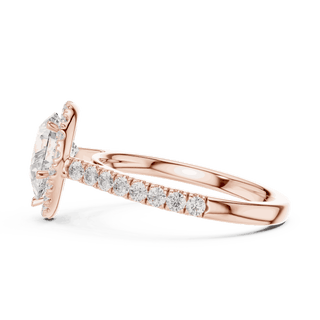 Side Profile: Pear Diamond Halo Engagement Ring with Pavé Band in 18K Rose Gold – Lab Grown – Driona Jewels