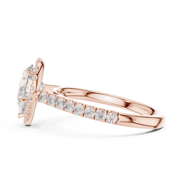 Side Profile: Pear Diamond Halo Engagement Ring with Pavé Band in 18K Rose Gold – Lab Grown – Driona Jewels