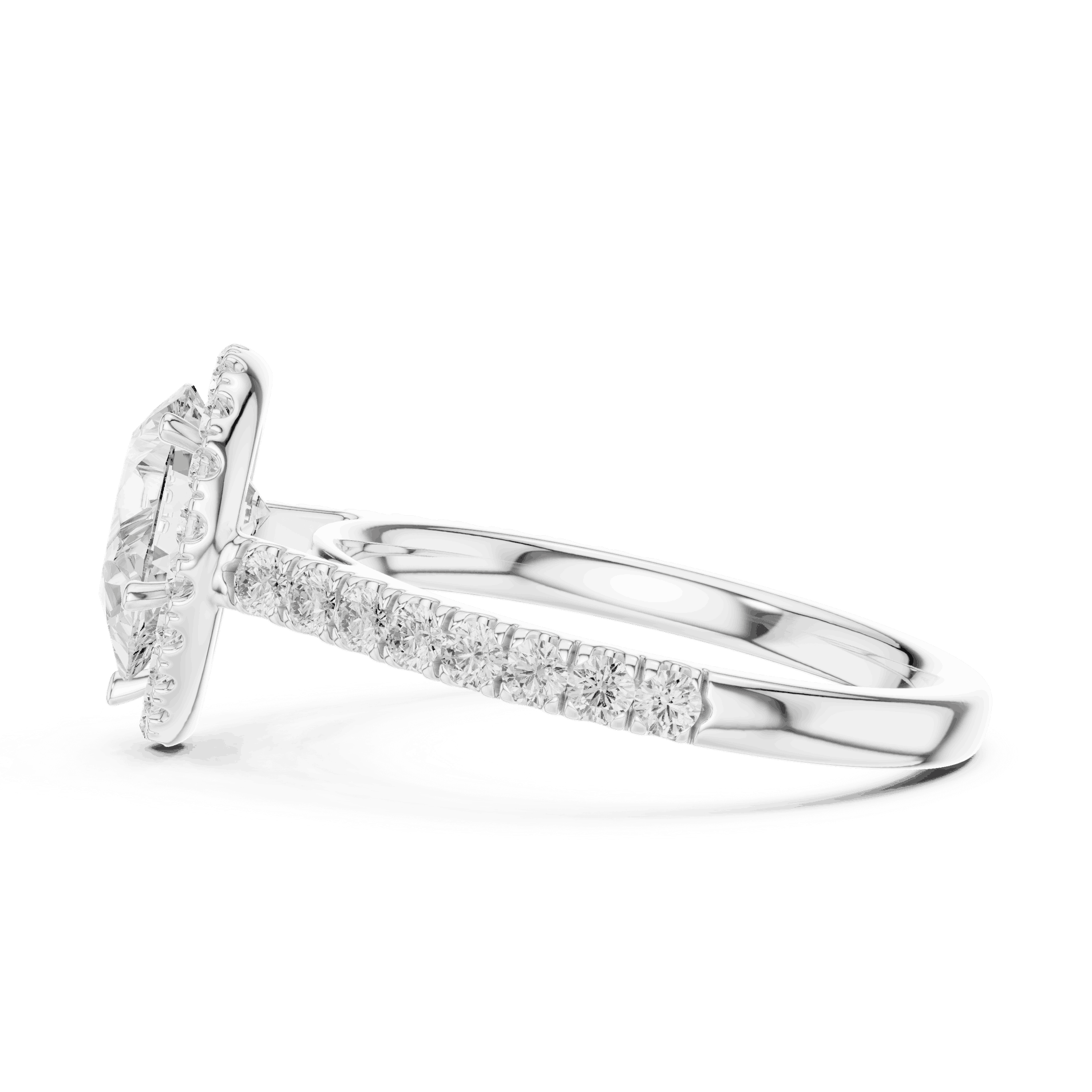 Three-Quarter View: Pear Diamond Halo Engagement Ring with Pavé Band in 18K Rose Gold – Lab Grown – Driona Jewels