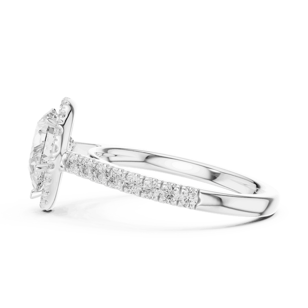 Three-Quarter View: Pear Diamond Halo Engagement Ring with Pavé Band in 18K Rose Gold – Lab Grown – Driona Jewels