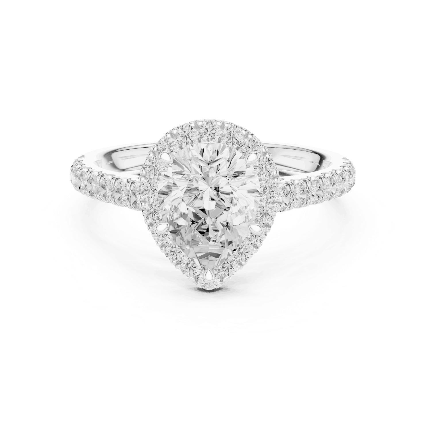Front View: Pear Diamond Halo Engagement Ring with Pavé Band in 18K White Gold – Lab Grown – Driona Jewels