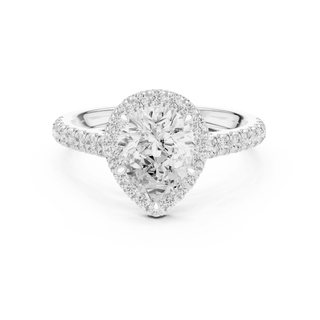 Front View: Pear Diamond Halo Engagement Ring with Pavé Band in 18K White Gold – Lab Grown – Driona Jewels