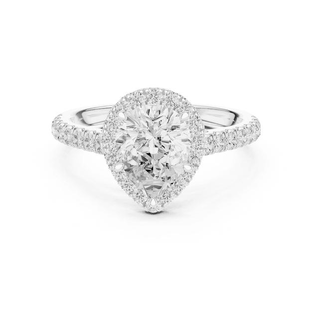 Front View: Pear Diamond Halo Engagement Ring with Pavé Band in 18K White Gold – Lab Grown – Driona Jewels
