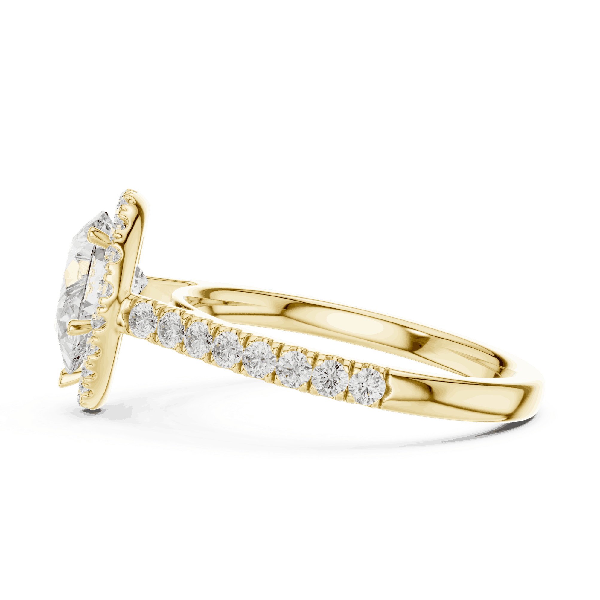 Side Profile: Pear Diamond Halo Engagement Ring with Pavé Band in 18K White Gold – Lab Grown – Driona Jewels