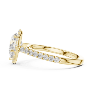 Side Profile: Pear Diamond Halo Engagement Ring with Pavé Band in 18K White Gold – Lab Grown – Driona Jewels