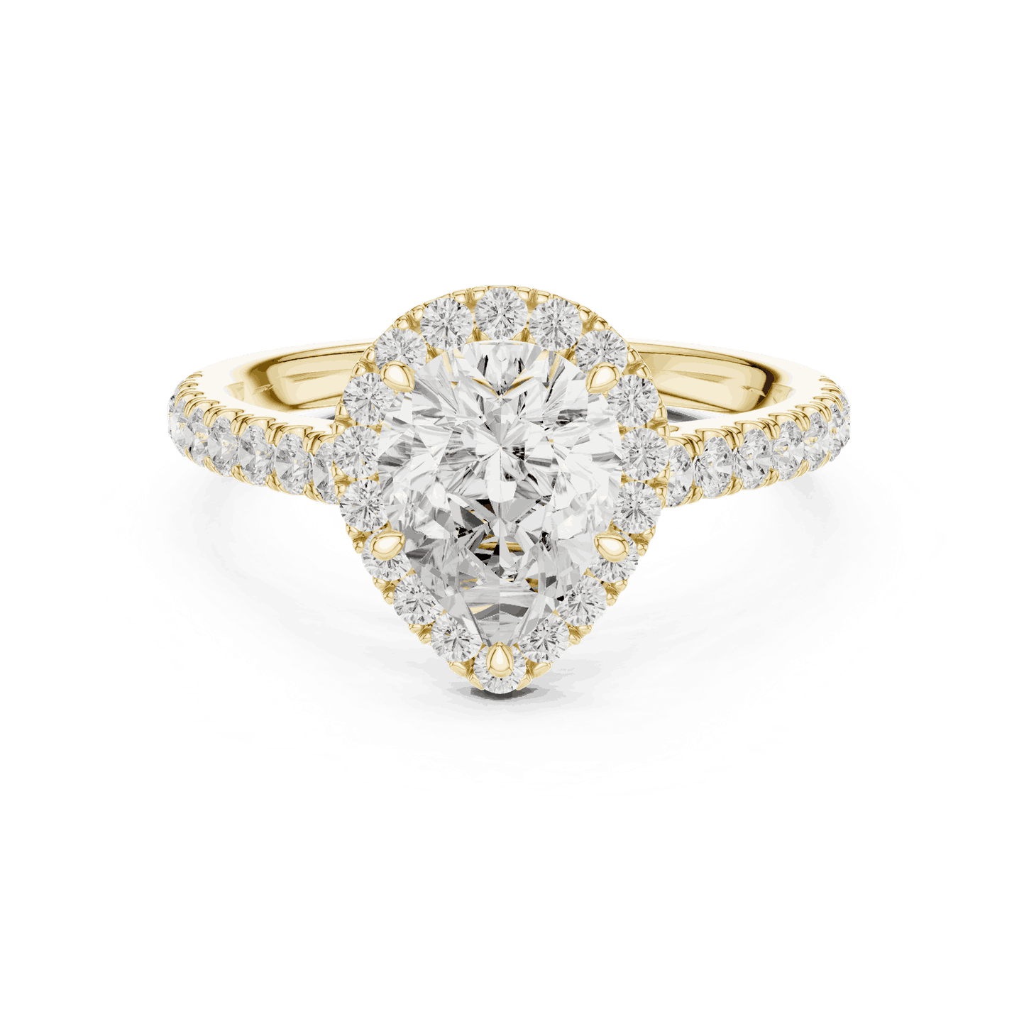 Three-Quarter View: Pear Diamond Halo Engagement Ring with Pavé Band in 18K White Gold – Lab Grown – Driona Jewels