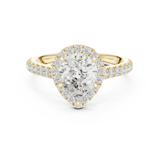 Three-Quarter View: Pear Diamond Halo Engagement Ring with Pavé Band in 18K White Gold – Lab Grown – Driona Jewels