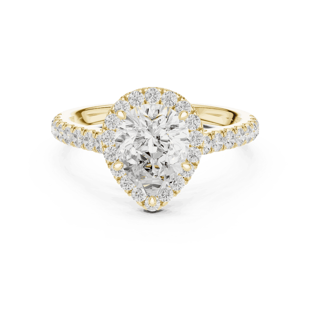 Three-Quarter View: Pear Diamond Halo Engagement Ring with Pavé Band in 18K White Gold – Lab Grown – Driona Jewels
