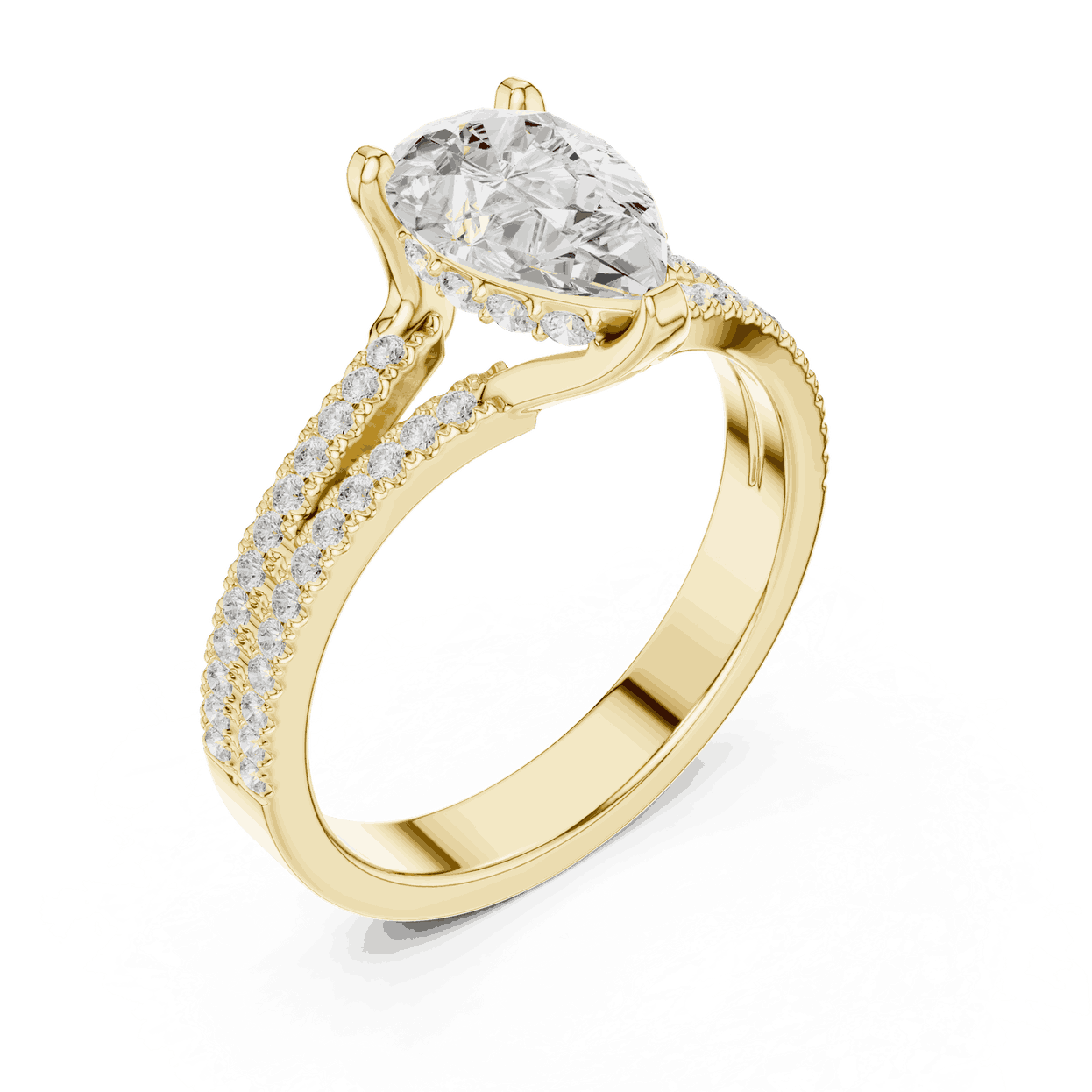 Pear Cut Lab Grown Diamond Split Double Pave Engagement Ring