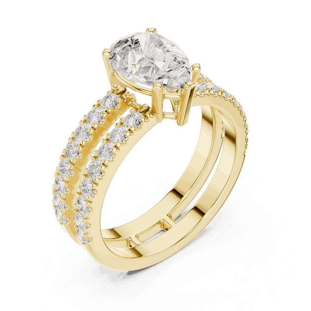 Pear Cut Solitaire Engagement Ring, Double Lab Grown Diamond Pave Band
