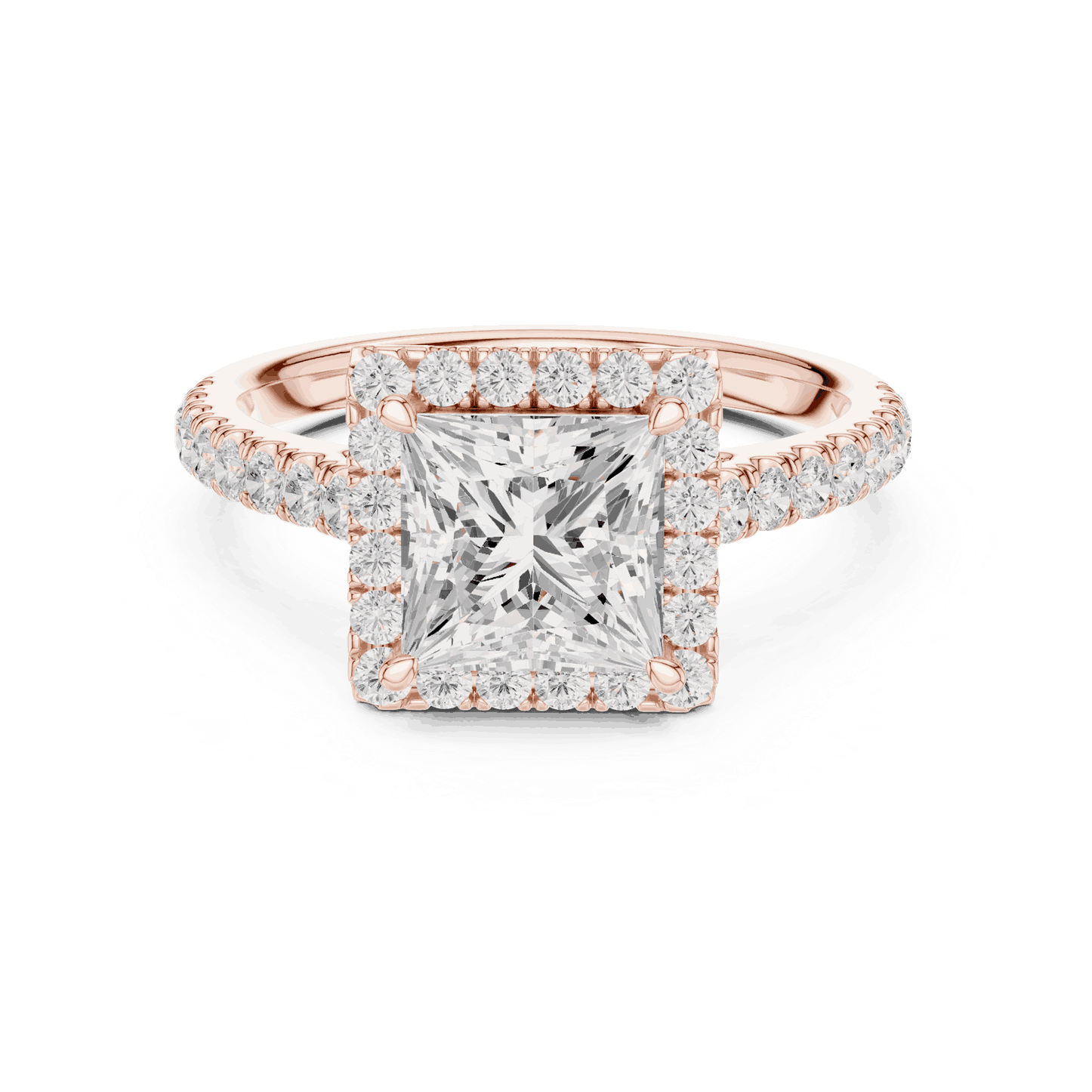 Front View: Princess Diamond Halo Engagement Ring with Pavé Band in 18K Rose Gold – Lab Grown – Driona Jewels