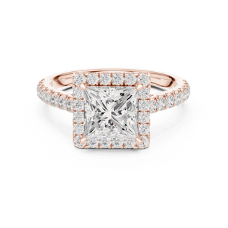 Front View: Princess Diamond Halo Engagement Ring with Pavé Band in 18K Rose Gold – Lab Grown – Driona Jewels