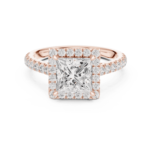 Front View: Princess Diamond Halo Engagement Ring with Pavé Band in 18K Rose Gold – Lab Grown – Driona Jewels