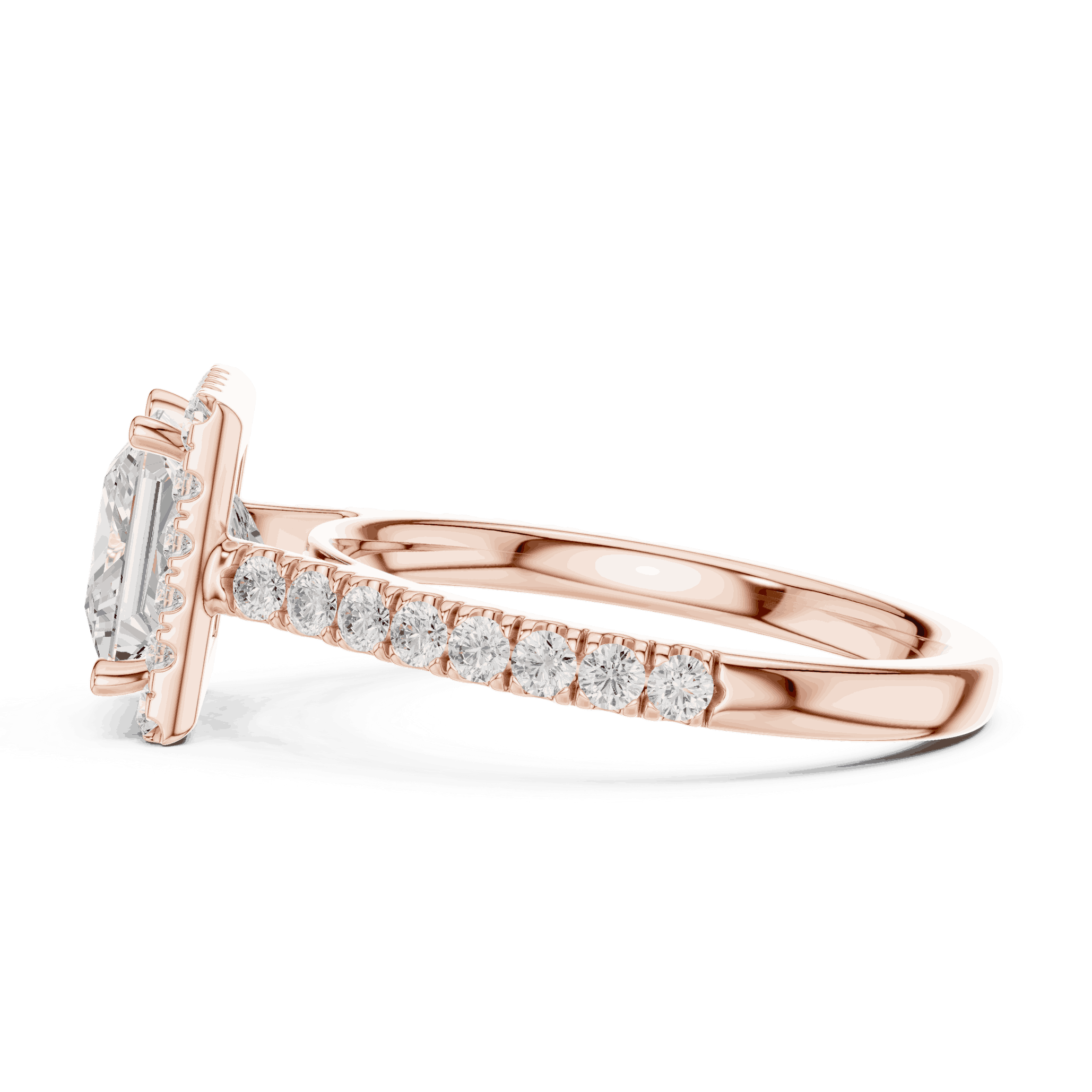 Side Profile: Princess Diamond Halo Engagement Ring with Pavé Band in 18K Rose Gold – Lab Grown – Driona Jewels