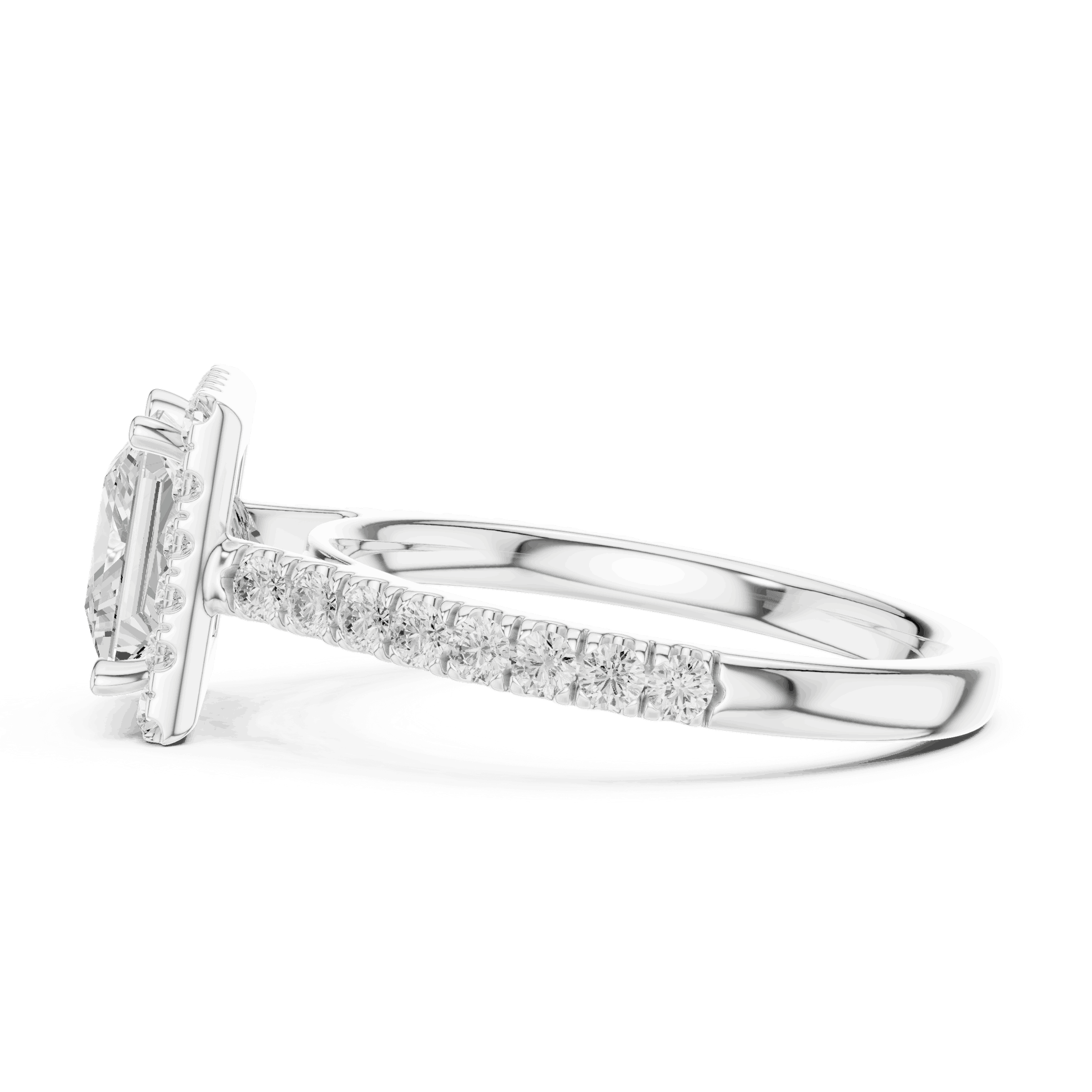 Three-Quarter View: Princess Diamond Halo Engagement Ring with Pavé Band in 18K Rose Gold – Lab Grown – Driona Jewels