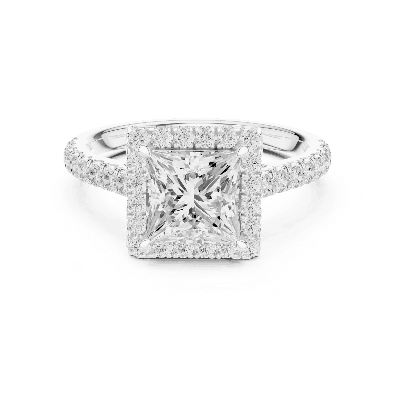 Front View: Princess Diamond Halo Engagement Ring with Pavé Band in 18K White Gold – Lab Grown – Driona Jewels